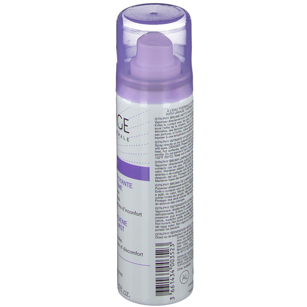 Flacon cylindrique avec vaporisateur. Inscriptions violettes et blanches. Texte: Uriage, Gyn-Phy, Brume Nettoyante. Capuchon transparent.