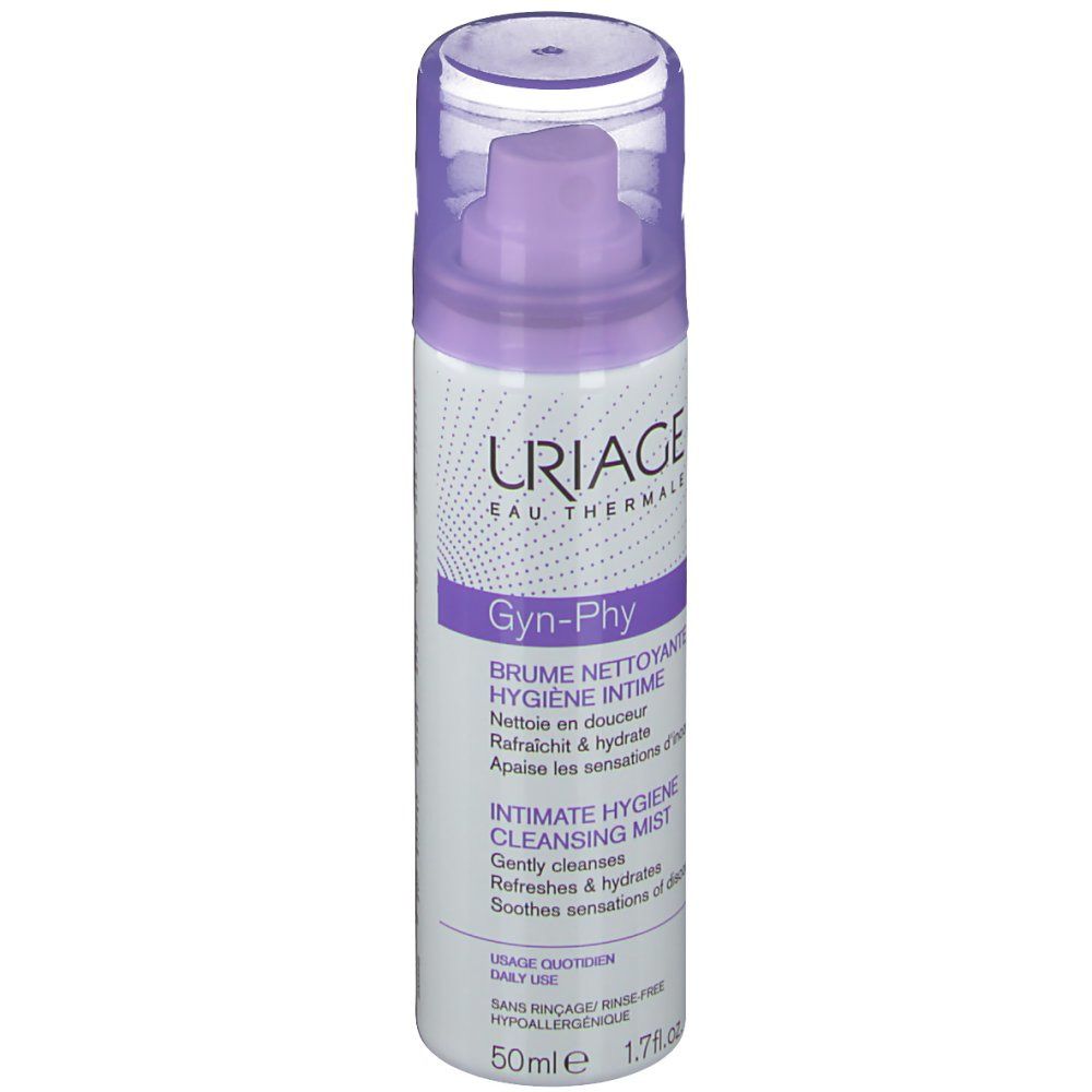 Flacon cylindrique avec vaporisateur. Inscriptions violettes et blanches. Texte: Uriage, Gyn-Phy, Brume Nettoyante. Capuchon transparent.