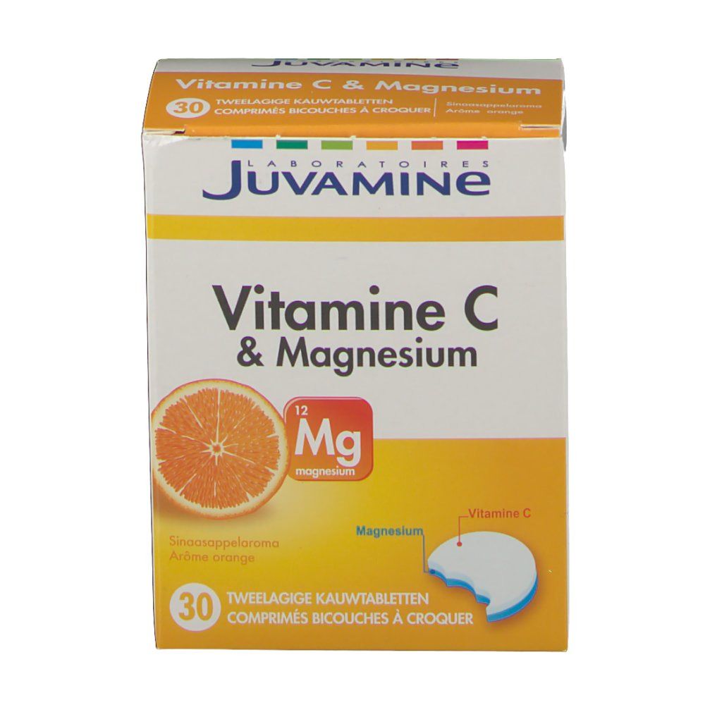 Boîte de Juvamine Vitamine C + Magnésium. Inscription: Vitamine C & Magnésium, orange, 30 comprimés. Logo Juvamine visible.
