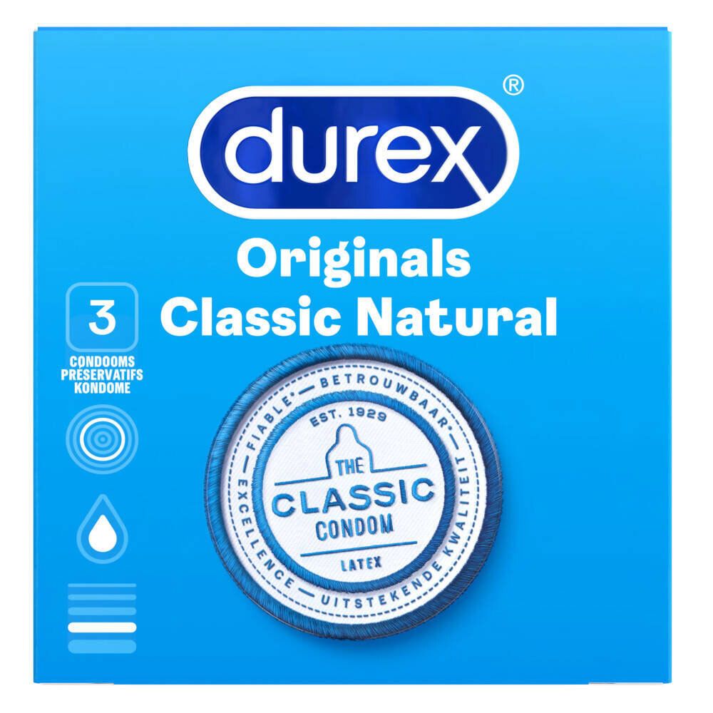 Boîte bleue de préservatifs Durex, 3 unités. Inscription: Originals Classic Natural. Sceau: The Classic Condom.