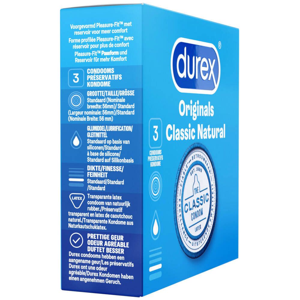 Boîte de préservatifs Durex, bleue, 3 unités. Inscription: Originals Classic Natural. Sceau: The Classic Condom. Vue détaillée.