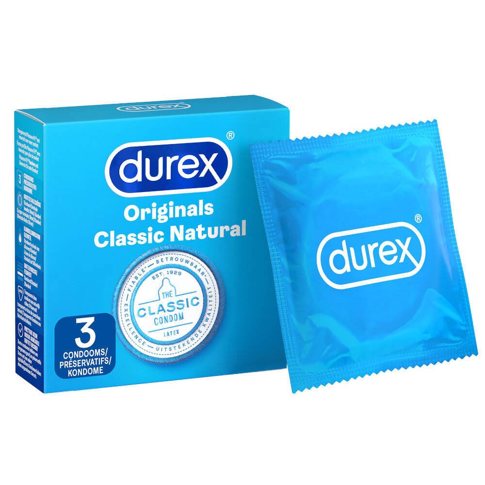 Boîte de préservatifs Durex avec un préservatif. Inscription: Durex Originals Classic Natural. Préservatif en sachet bleu.