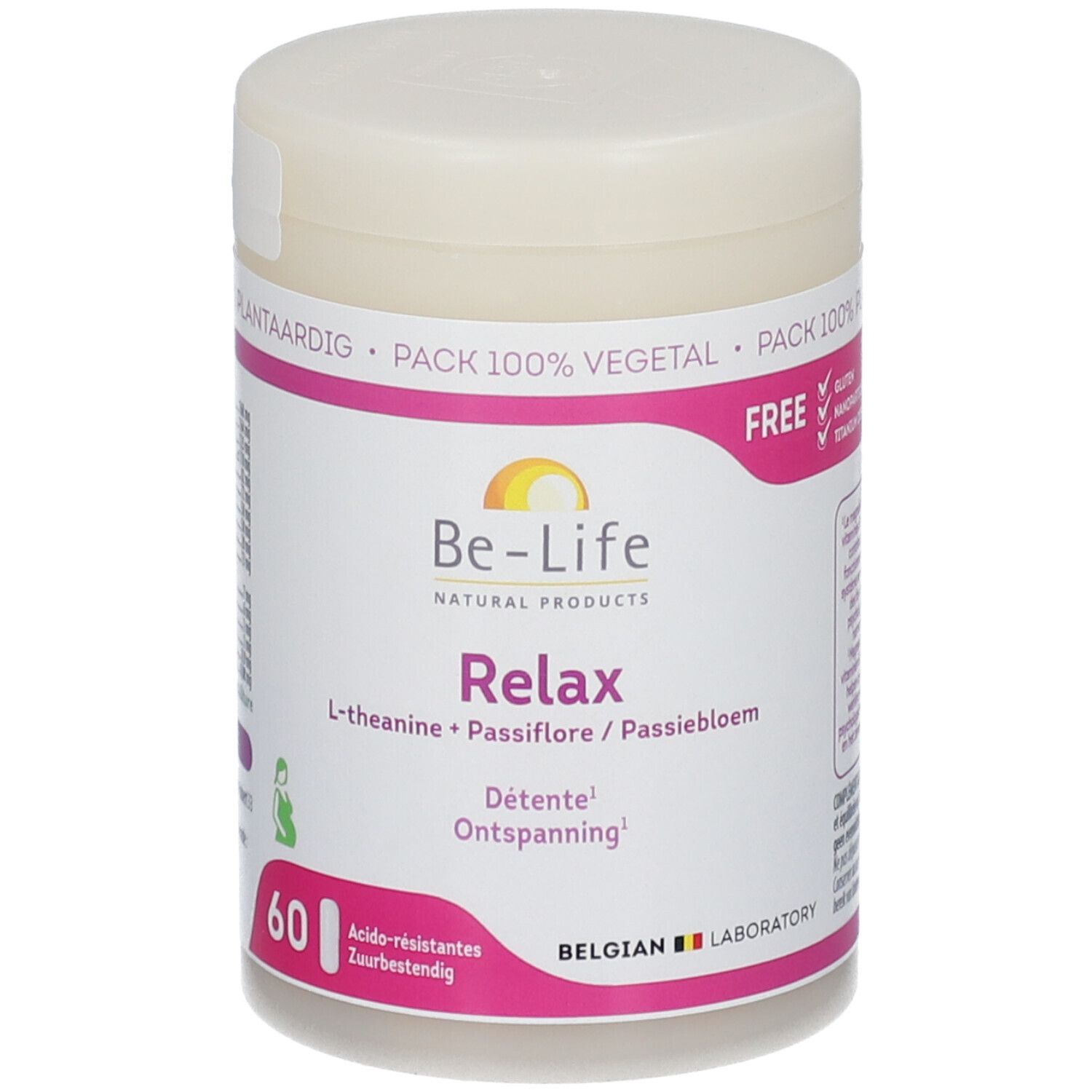 Boîte avec couvercle blanc. Inscription : Be-Life Relax, 60 gélules. Accents roses et jaunes. Texte en allemand, français et néerlandais.