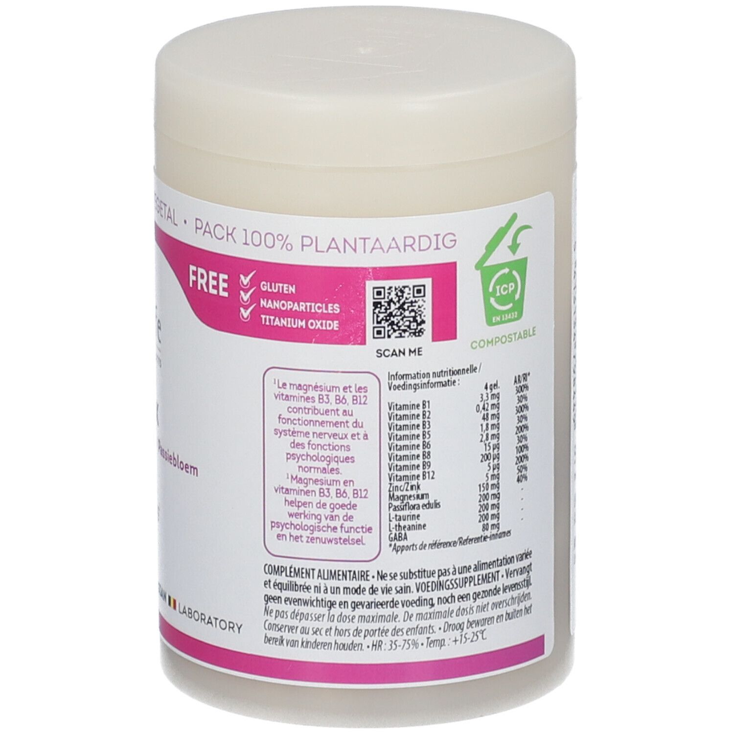 Boîte avec couvercle blanc. Dos avec informations nutritionnelles et texte. Texte en allemand, français et néerlandais. Sans gluten, sans nanoparticules.