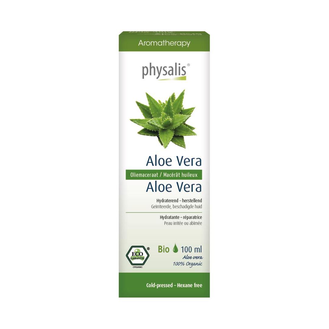 Bouteille Physalis Aloe Vera avec étiquette et plante d'aloès. Produit bio de 100 ml.