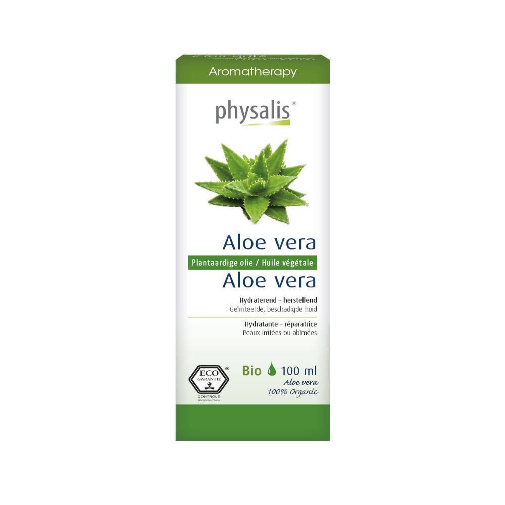 Bouteille Physalis Aloe Vera avec étiquette et plante d'aloès. Produit bio de 100 ml.