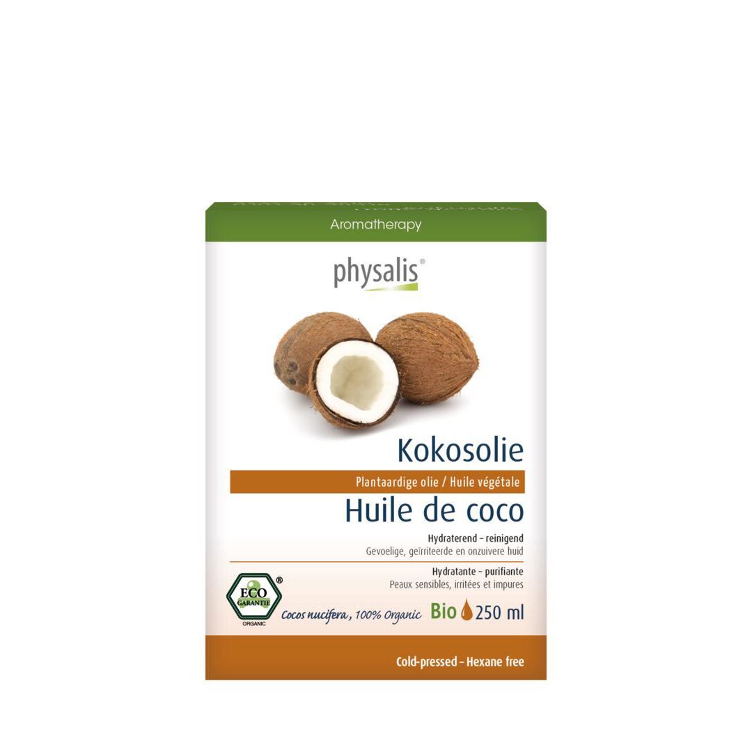 Bouteille d'huile de coco Physalis avec noix de coco et label Bio. 250 ml.