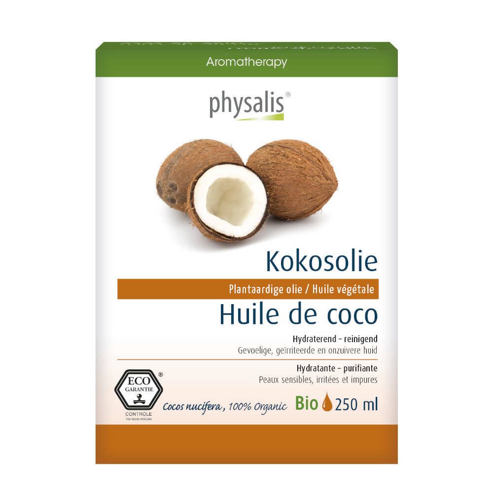 Bouteille d'huile de coco Physalis avec noix de coco et label Bio. 250 ml.