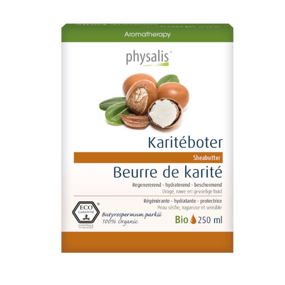 Boîte blanche avec illustration et texte. Inscription : Karitéboter, Beurre de karité, Bio 250 ml. ECO Garantie.