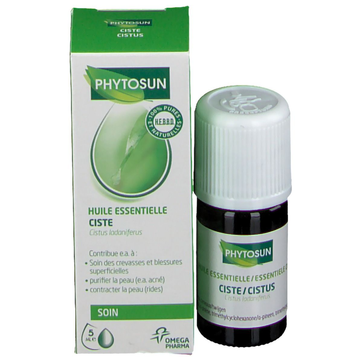 Emballage et flacon. Flacon: verre brun, bouchon blanc. Emballage: vert, "Phytosun", "Ciste".