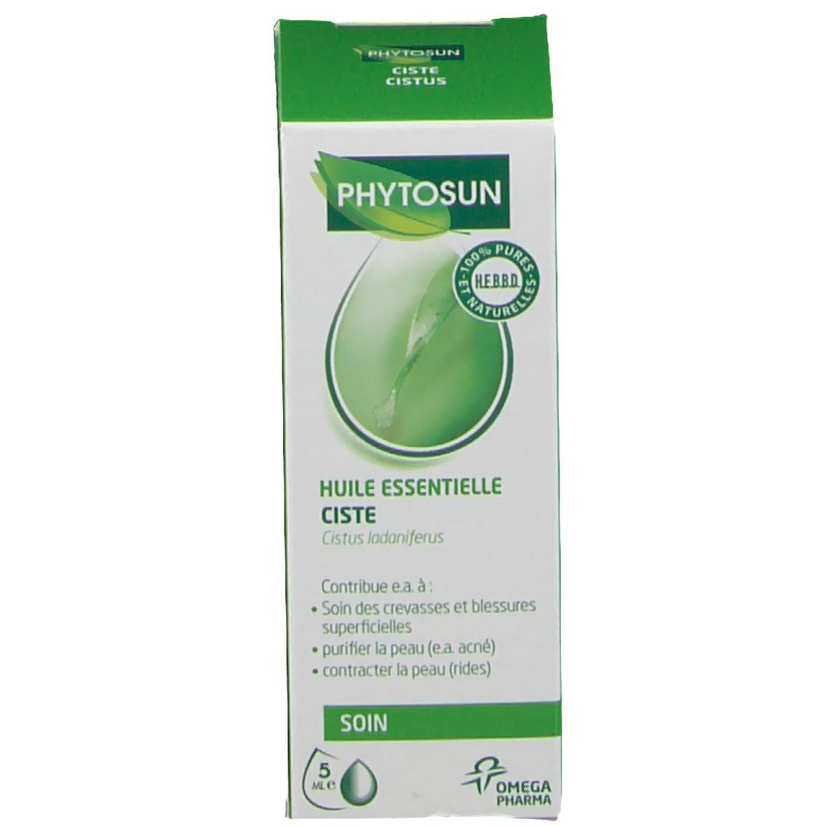 Emballage du produit. Vert, "Phytosun", "Ciste". Contient 5 ml. Logo "Omega Pharma".