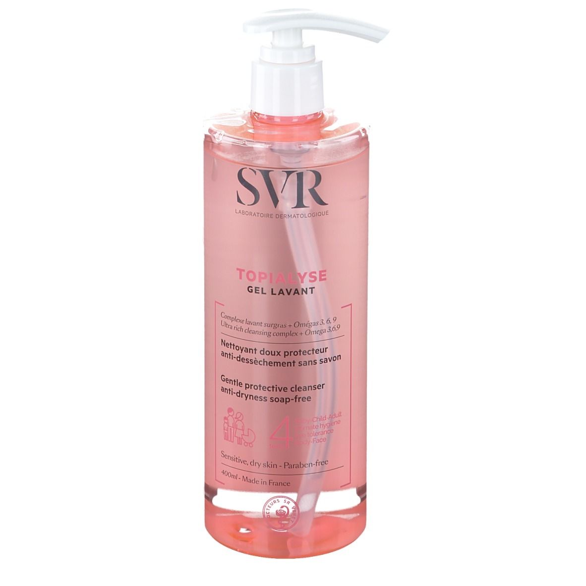 Flacon transparent avec liquide rose et pompe blanche. Inscription SVR, Topialyse Gel Lavant.