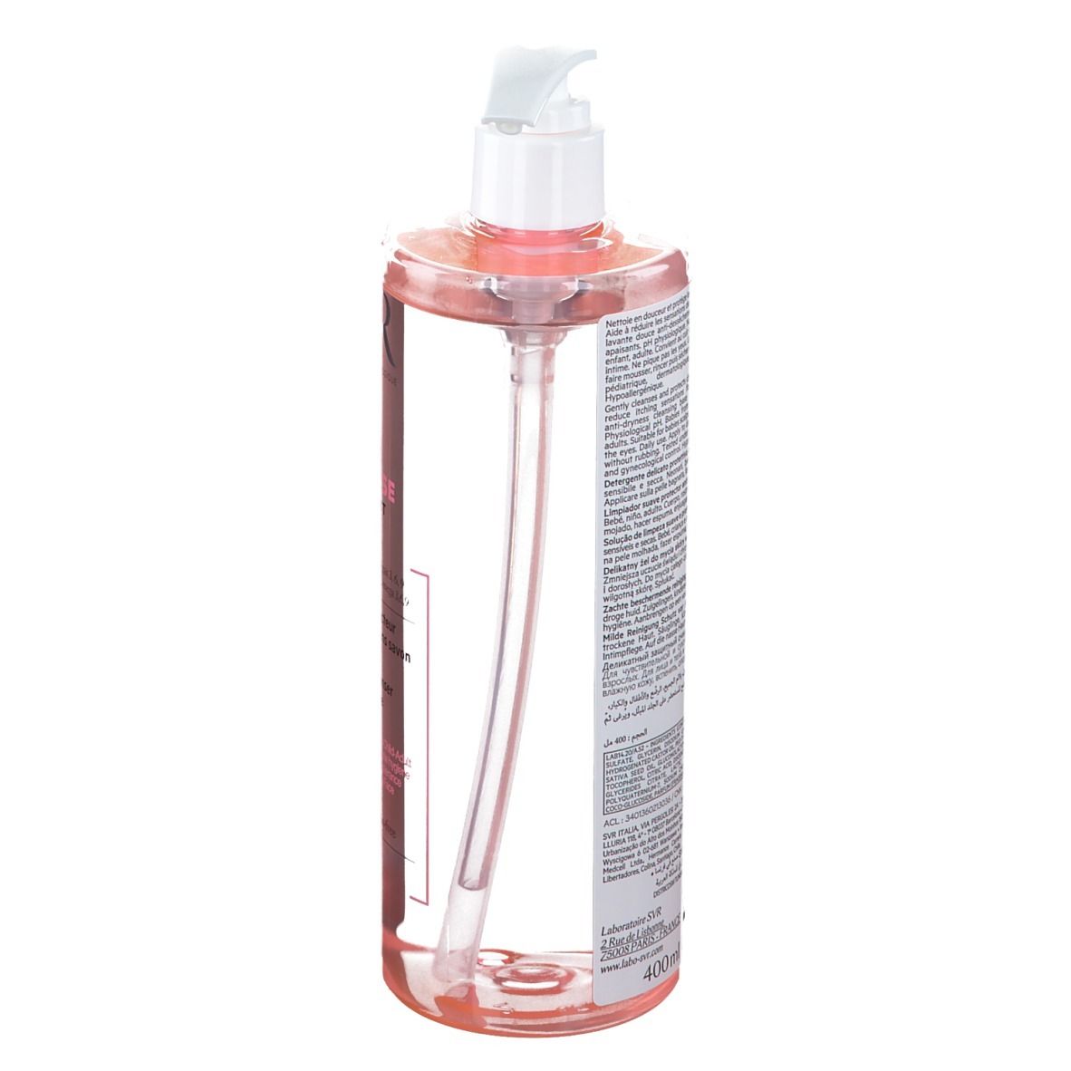 Flacon transparent avec liquide rose et pompe blanche. Dos avec texte.