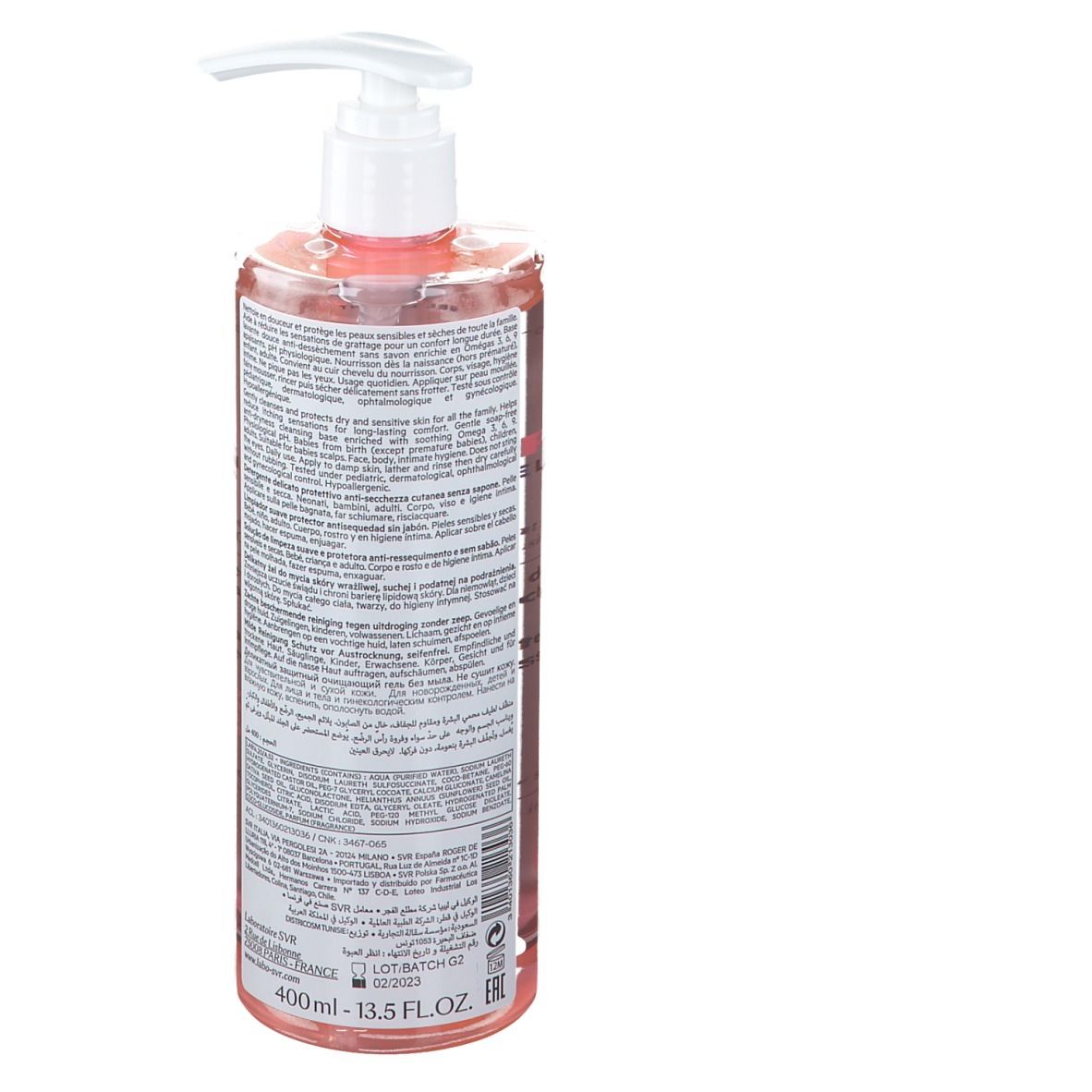 Flacon transparent avec liquide rose et pompe blanche. Dos avec texte.