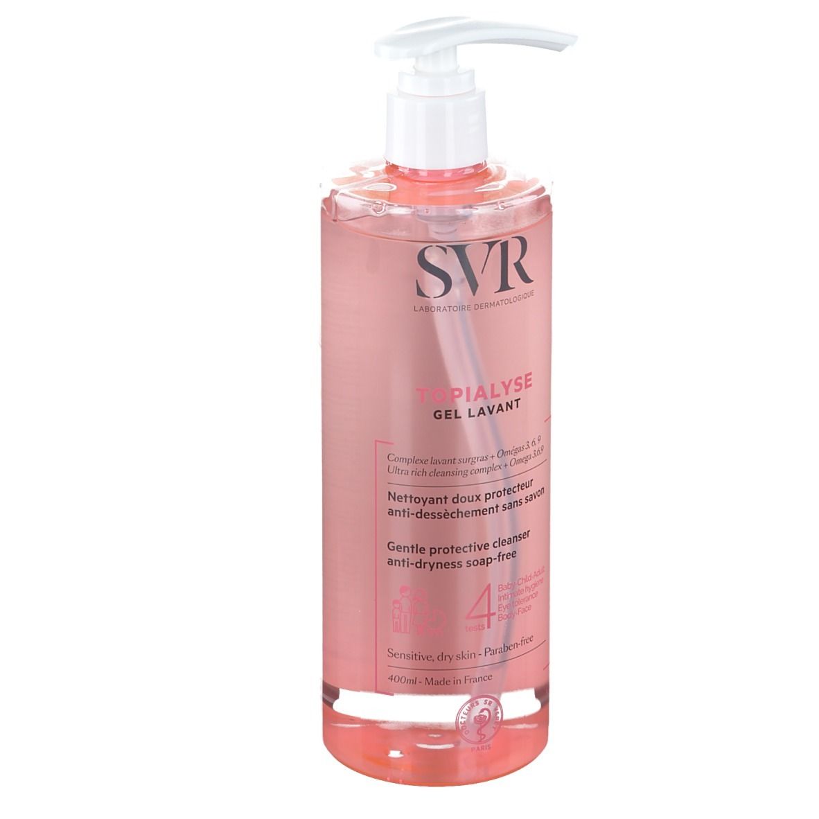Flacon transparent avec liquide rose et pompe blanche. Inscription SVR, Topialyse Gel Lavant.