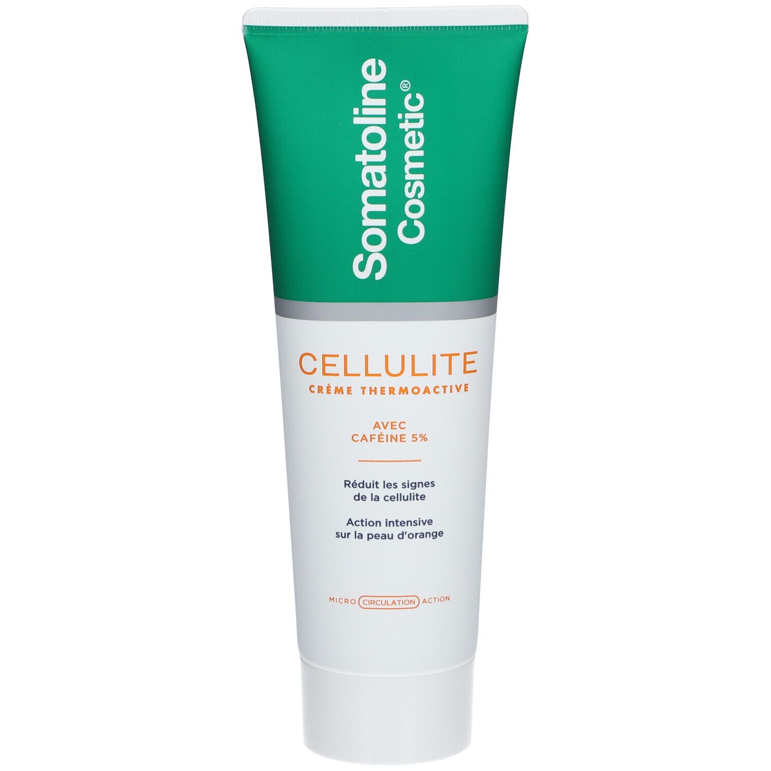 Tube vert et blanc. Inscription Somatoline Cosmetic, Cellulite Crème Thermoactive, avec 5% caféine. Réduit la cellulite.