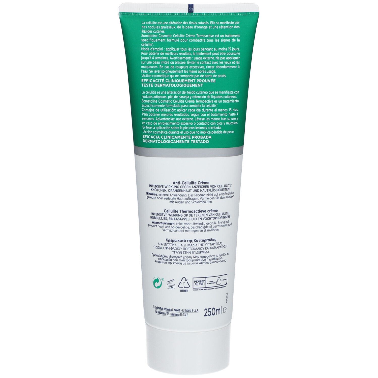 Dos du tube. Texte multilingue. Testé dermatologiquement. 250ml. Crème anti-cellulite. Cliniquement prouvé.