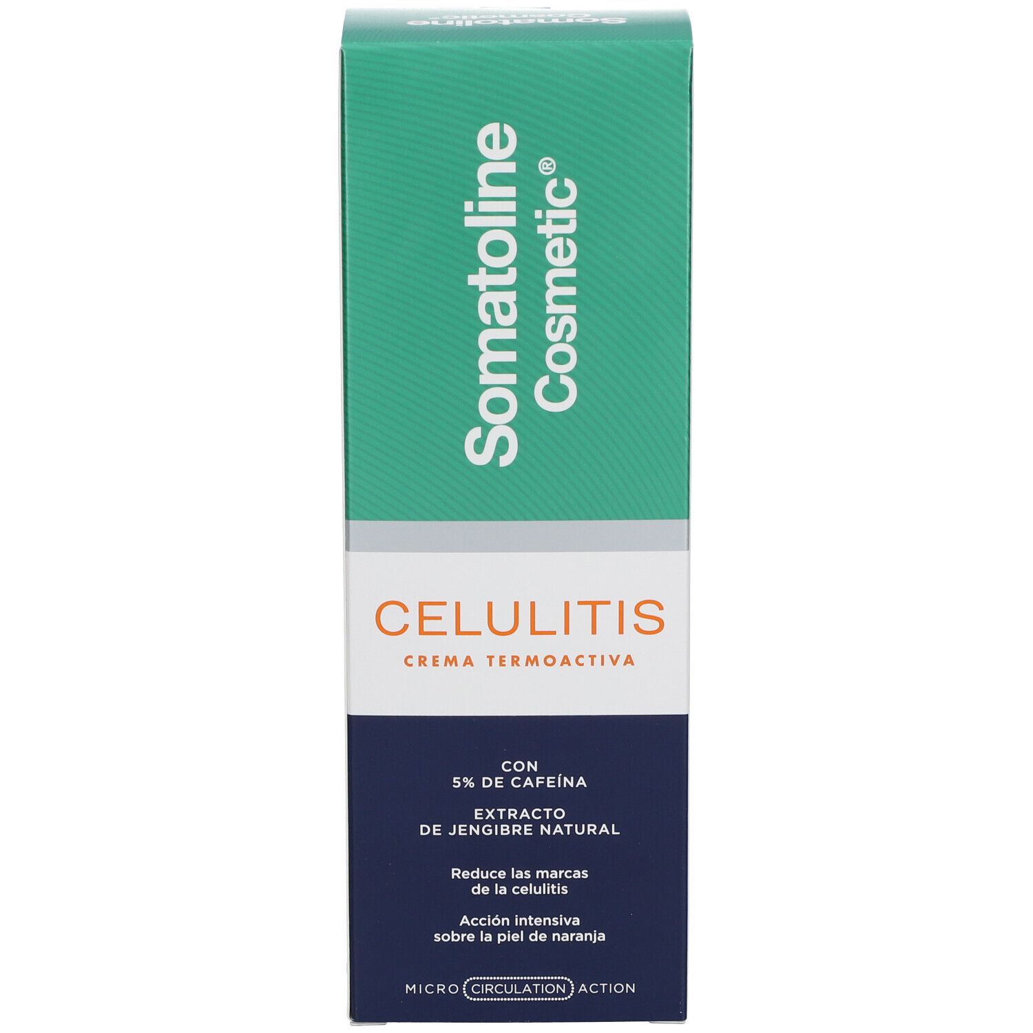 Emballage produit. Boîte verte sur fond blanc. Inscription Somatoline Cosmetic, Cellulitis Crème Thermoactiva, avec 5% caféine.
