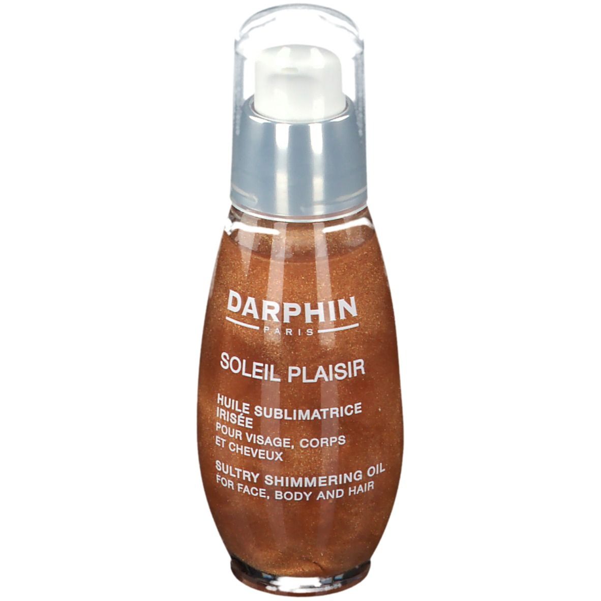 Flacon d'huile pour le corps avec pompe. Bouchon transparent, col argenté, huile scintillante. Texte: DARPHIN, SOLEIL PLAISIR, Sultry Shimmering Oil.