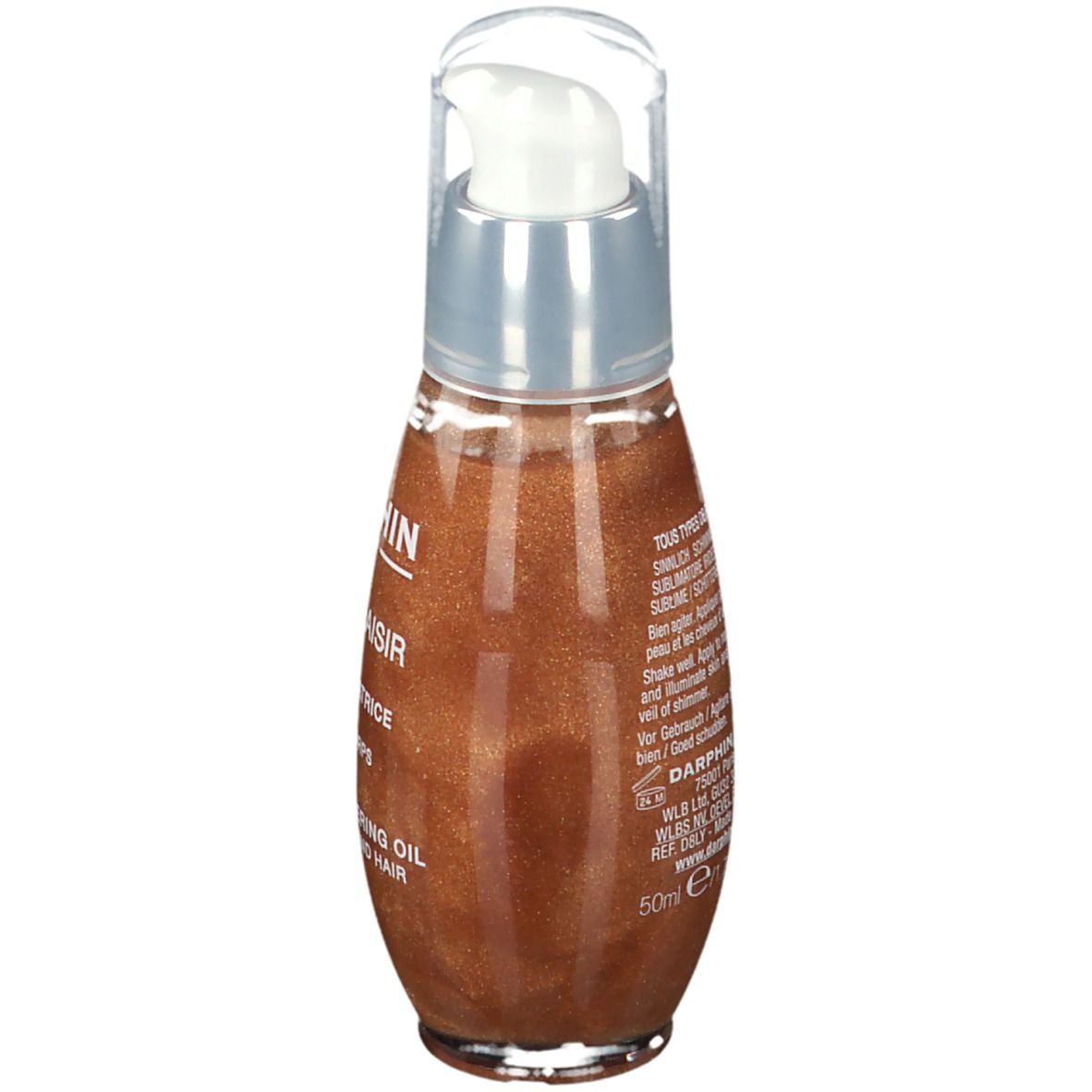 Vue arrière du flacon d'huile. Bouchon transparent, col argenté, huile brune. Texte: DARPHIN, SOLEIL PLAISIR, HUILE SUBLIMATRICE IRISÉE.