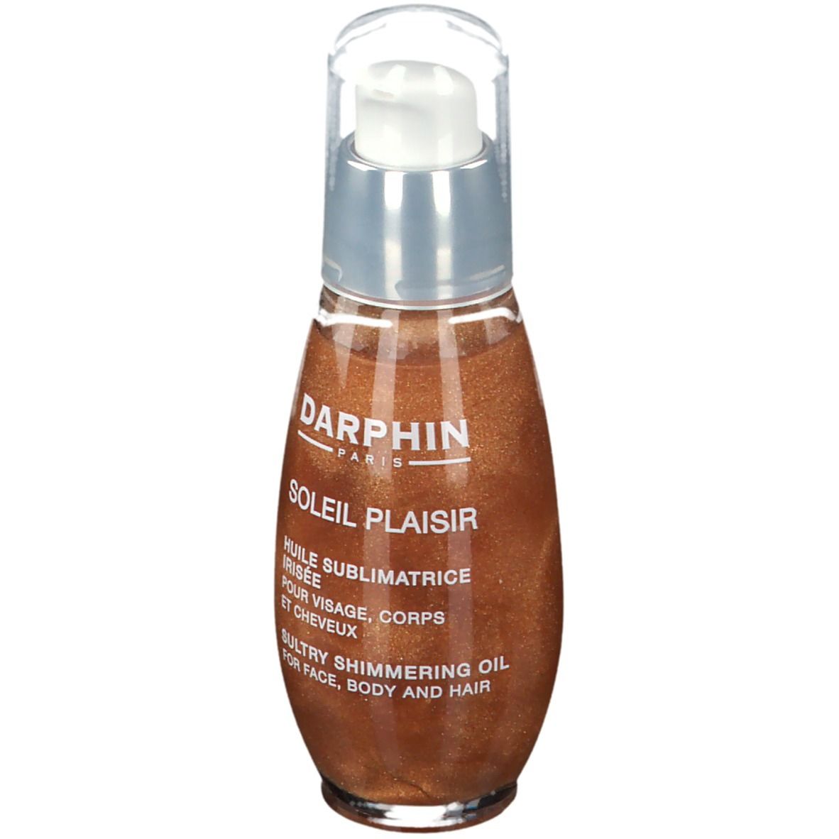 Flacon d'huile pour le corps avec pompe. Bouchon transparent, col argenté, huile scintillante. Texte: DARPHIN, SOLEIL PLAISIR, Sultry Shimmering Oil.