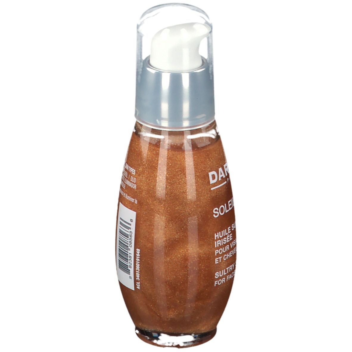 Vue arrière du flacon d'huile. Bouchon transparent, col argenté, huile brune. Texte: DARPHIN, SOLEIL PLAISIR, HUILE SUBLIMATRICE IRISÉE.