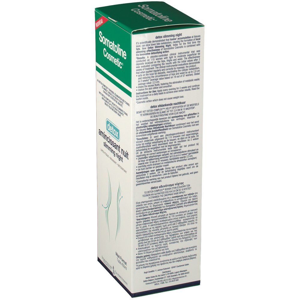 Boîte Somatoline Cosmetic. Vert et blanc, informations produit et logo. Vue latérale.