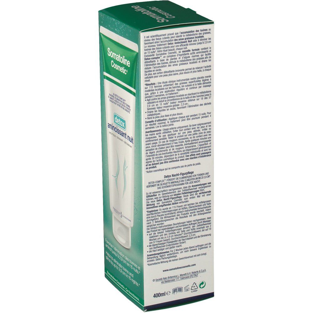 Boîte Somatoline Cosmetic. Nom du produit et mot-clé 'detox'. Vue latérale avec texte.