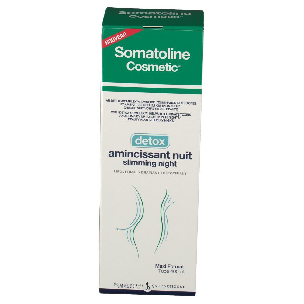 Emballage Somatoline Cosmetic. Inscription 'detox' et 'aminissant nuit'. Tube Maxi Format.