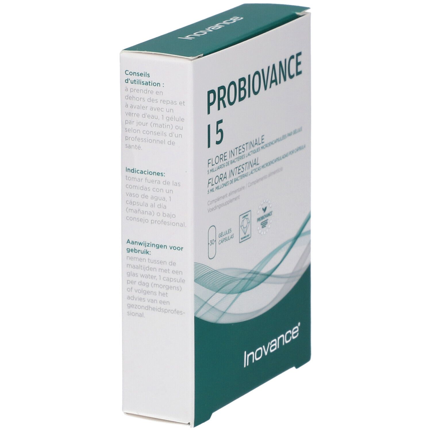 Boîte "PROBIOVANCE I 5". Texte: "FLORE INTESTINALE". Marque: Inovance. Instructions d'utilisation multilingues.