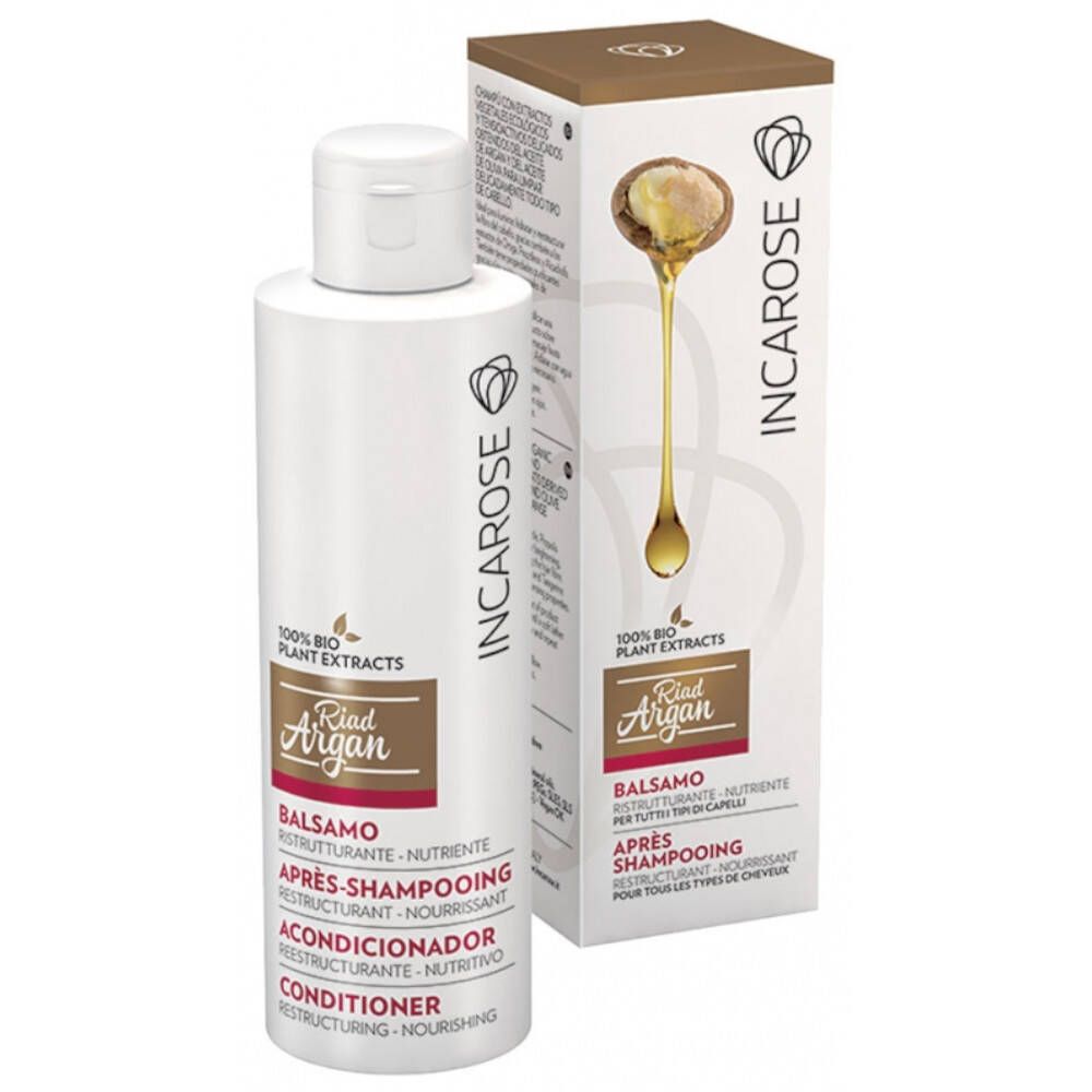 Conditionneur Incarose Argan. Bouteille blanche avec étiquette marron. Inscription: Balsamo, Après-Shampooing, Conditioner.