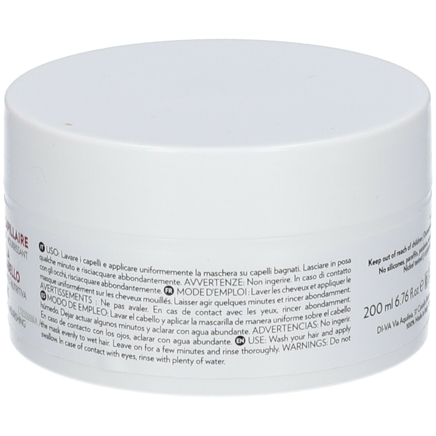 Pot blanc avec couvercle. Texte multilingue. Inscription: 200 ml. Vegan OK. Testé dermatologiquement.