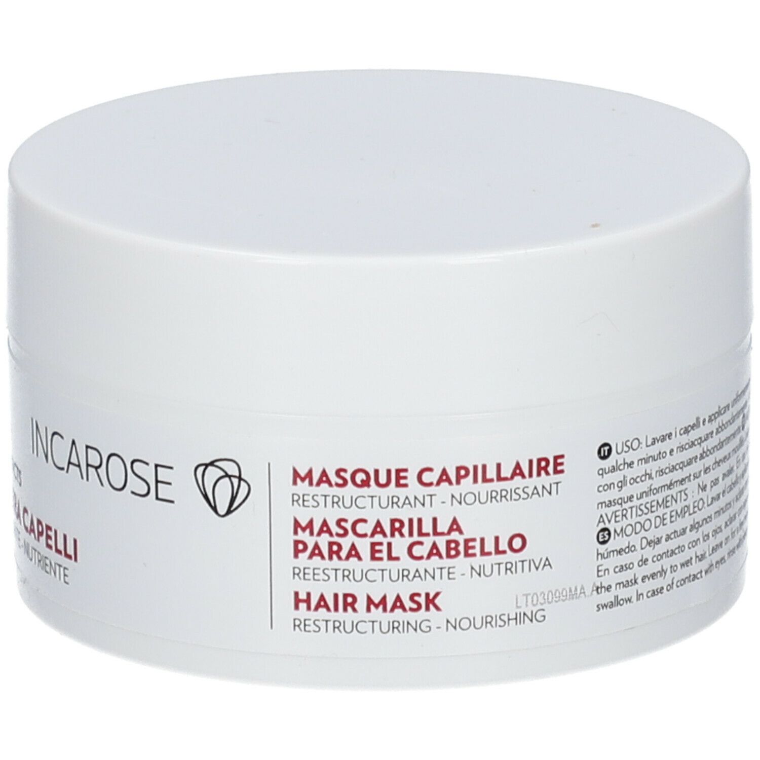 Pot blanc avec couvercle. Inscription: Incarose, Masque Capillaire, Mascarilla para el Cabello, Hair Mask.