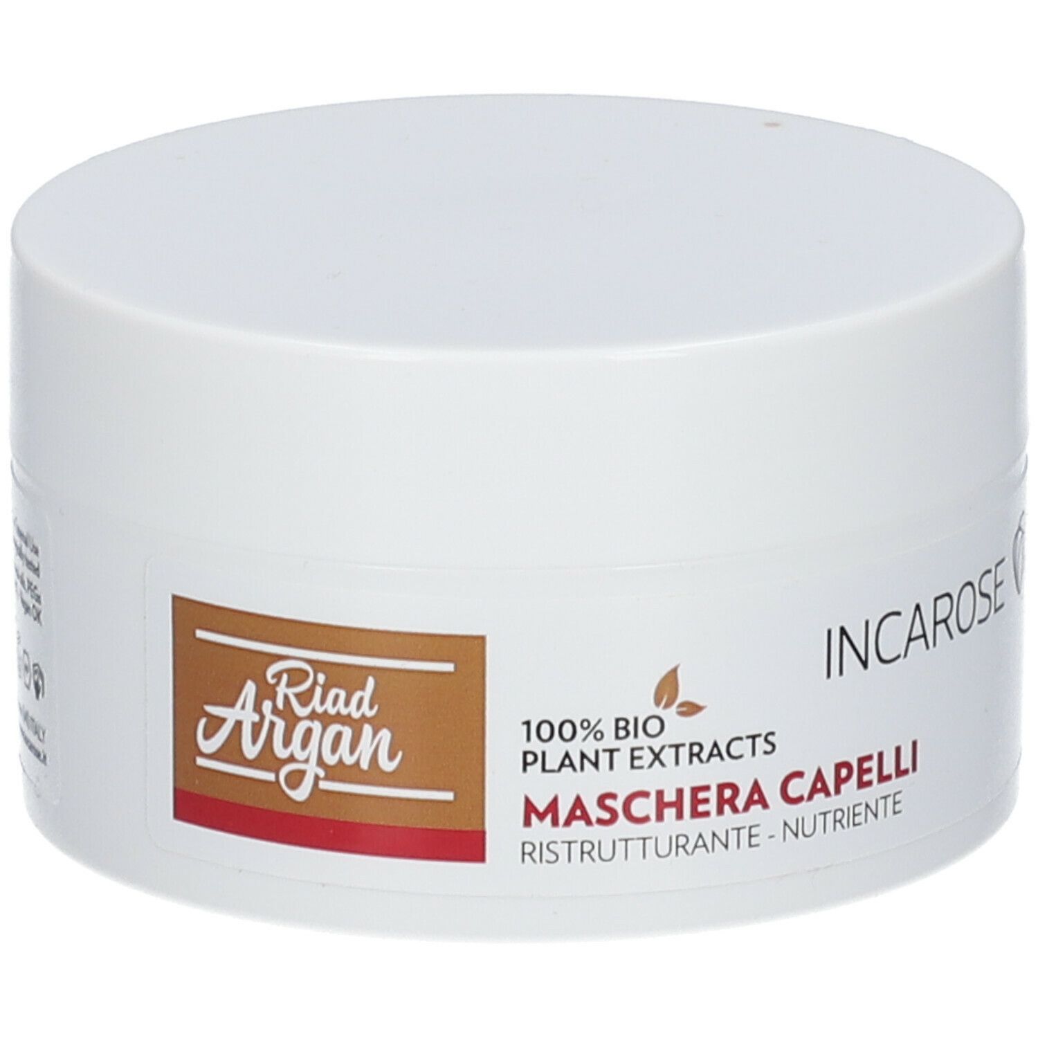 Pot blanc avec couvercle. Inscription: Incarose, Riad Argan, Maschera Capelli. 100% extraits végétaux bio.