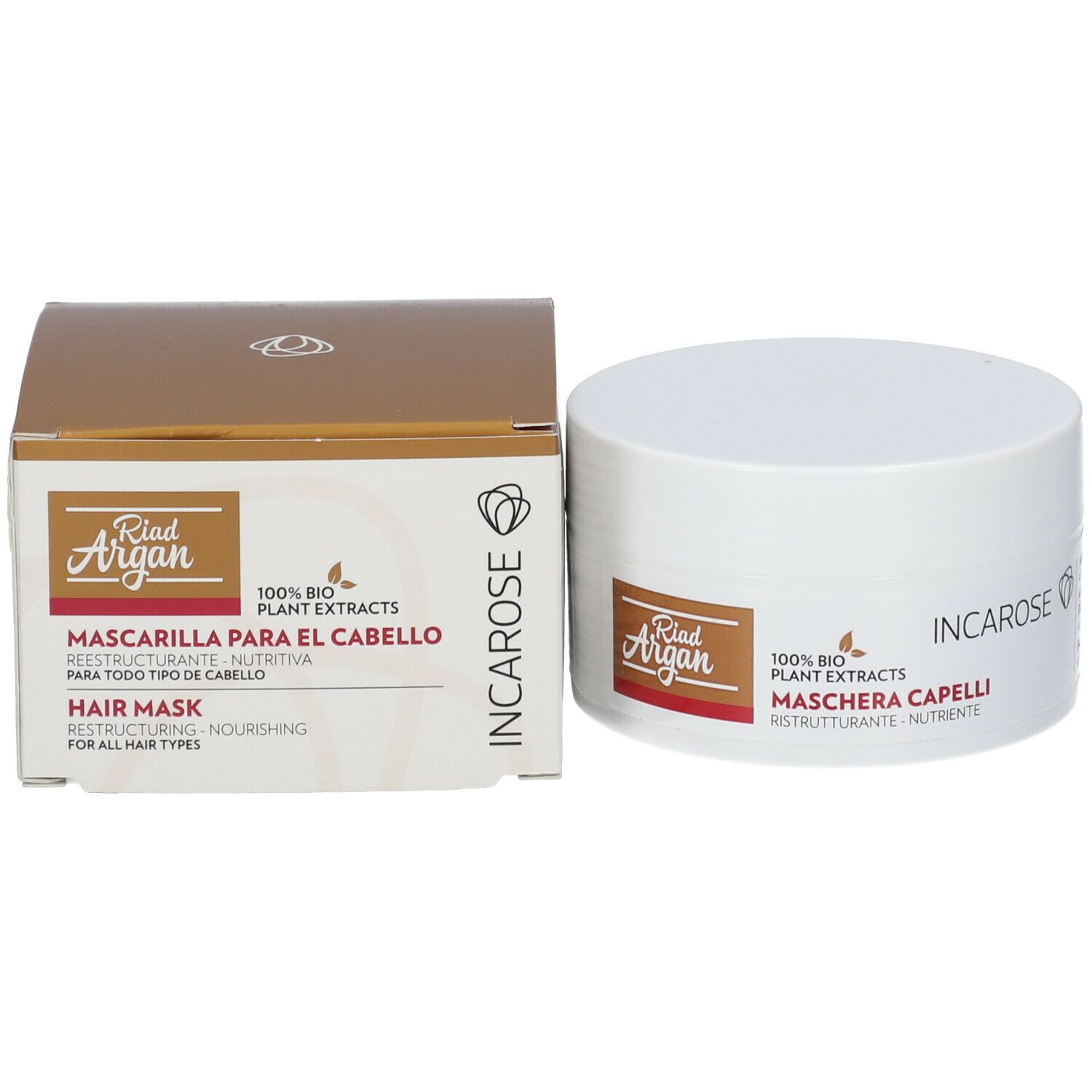 Pot blanc et boîte. Inscription: Incarose, Riad Argan, Mascarilla para el Cabello, Hair Mask. 100% extraits végétaux bio.