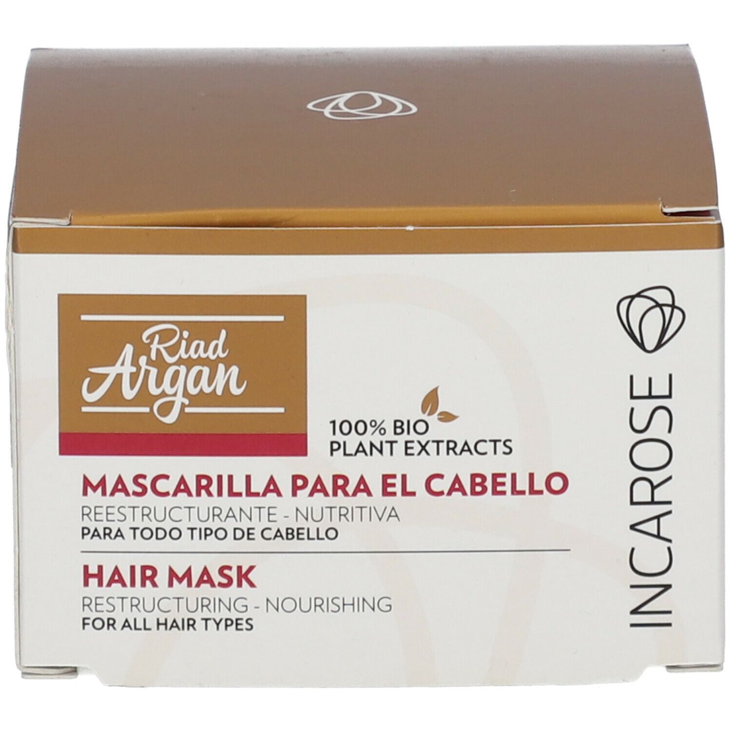 Boîte. Inscription: Incarose, Riad Argan, Mascarilla para el Cabello, Hair Mask. 100% extraits végétaux bio.