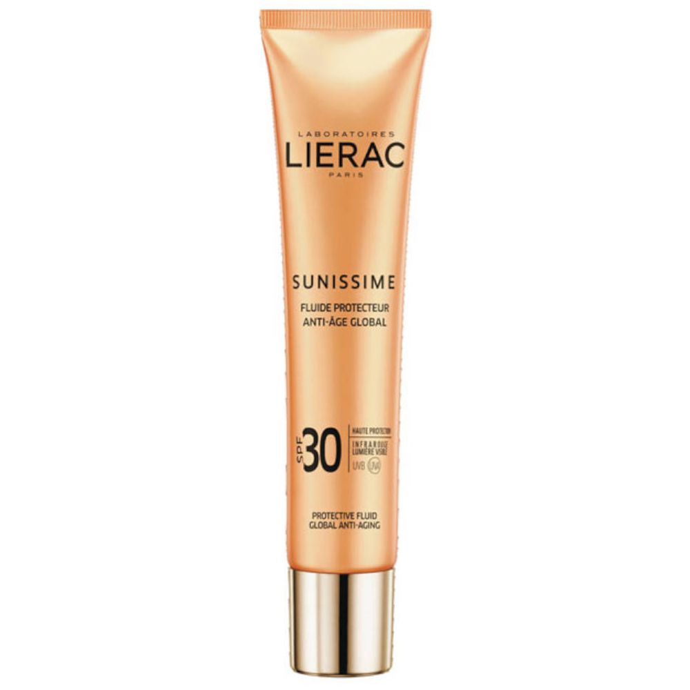 Tube beige avec bouchon doré. Inscriptions: LIERAC, SUNISSIME, SPF 30. Fluide protecteur anti-âge.