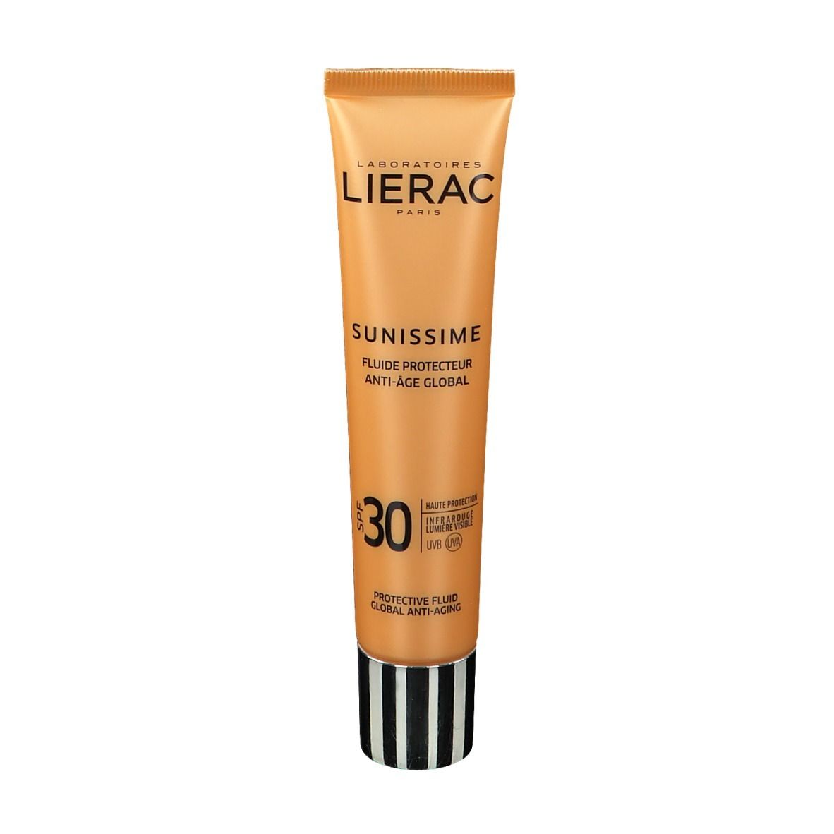Tube beige avec bouchon doré et rayures noires. Inscriptions: LIERAC, SUNISSIME, SPF 30.