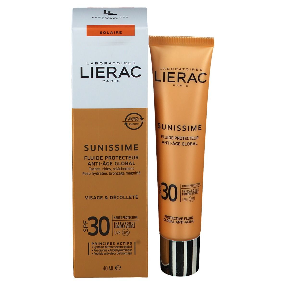 Emballage avec tube. Inscriptions: LIERAC, SUNISSIME, SPF 30. Fluide protecteur. 40 ml.