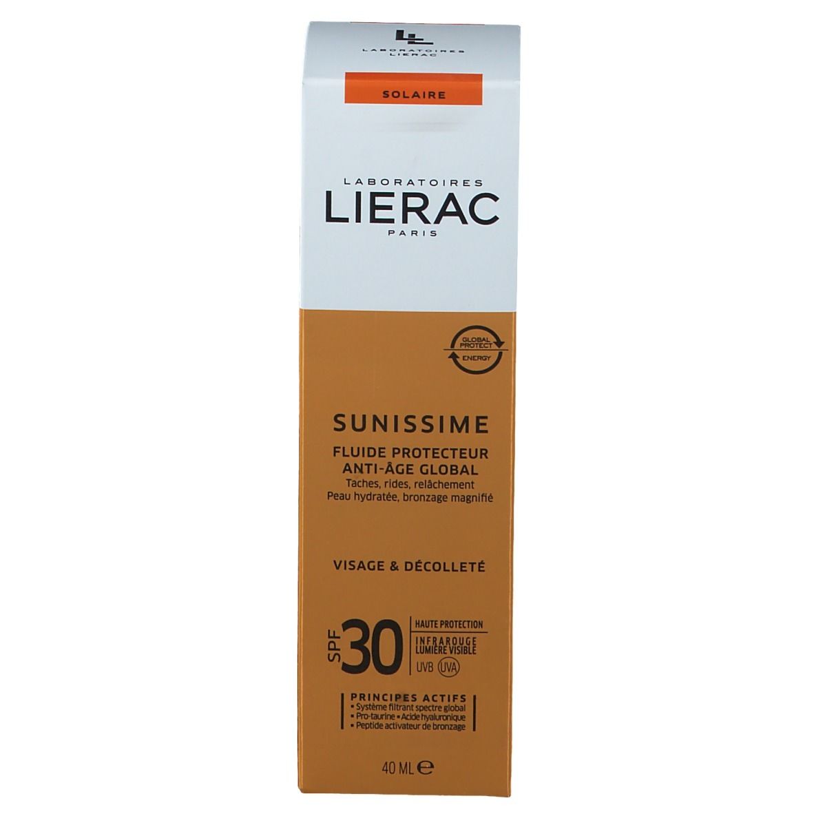 Emballage du produit. Inscriptions: LIERAC, SUNISSIME, SPF 30. Fluide protecteur. 40 ml.