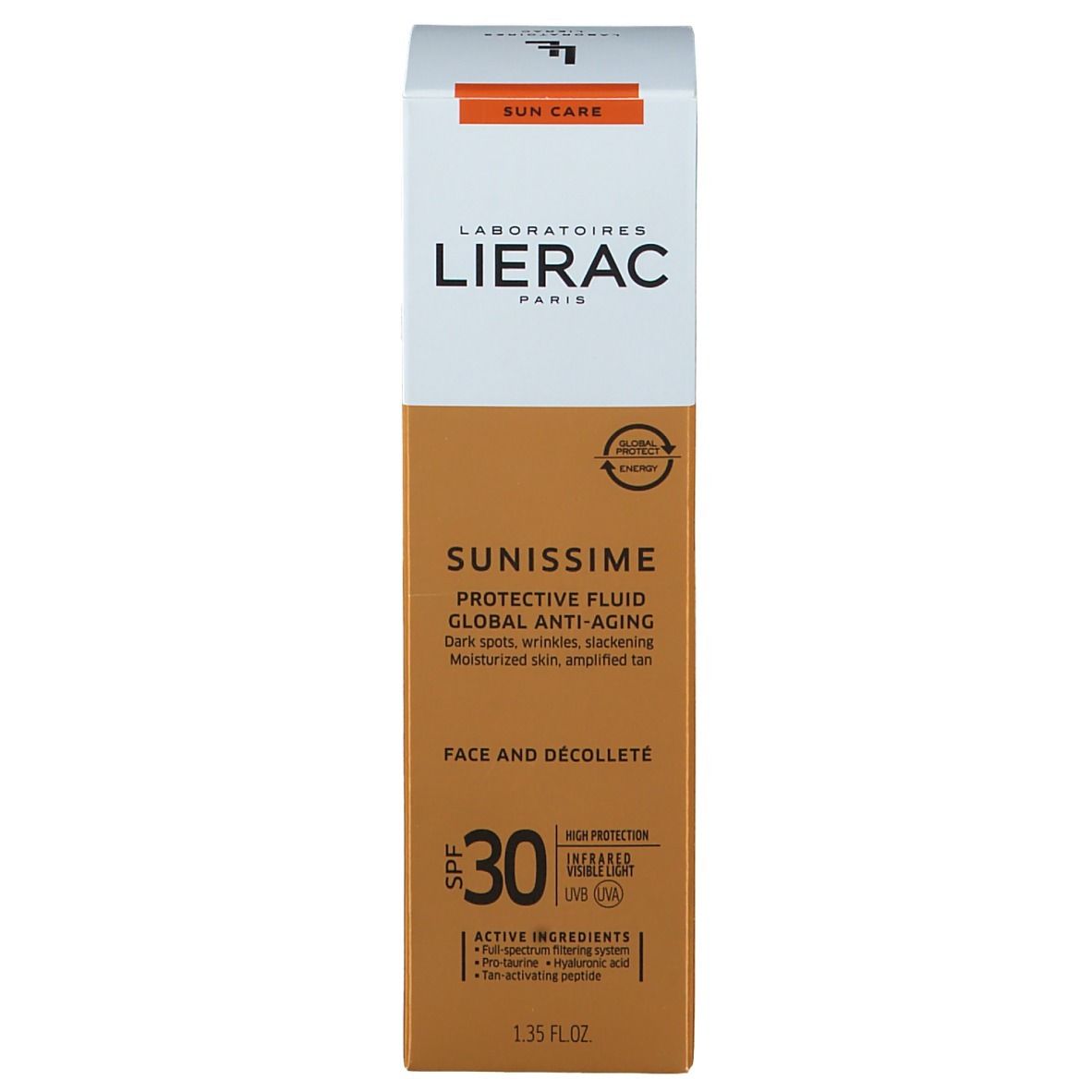 Emballage du produit. Inscriptions: LIERAC, SUNISSIME, SPF 30. Fluide protecteur. 1.35 fl.oz.