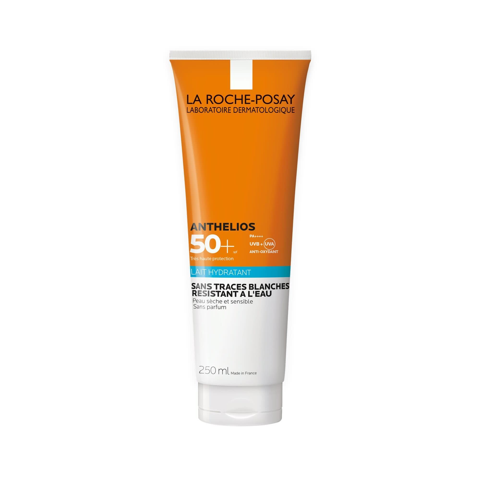 Tube de lait solaire orange et blanc. Texte: La Roche-Posay, Anthelios 50+, sans traces blanches, résistant à l'eau. 250ml.