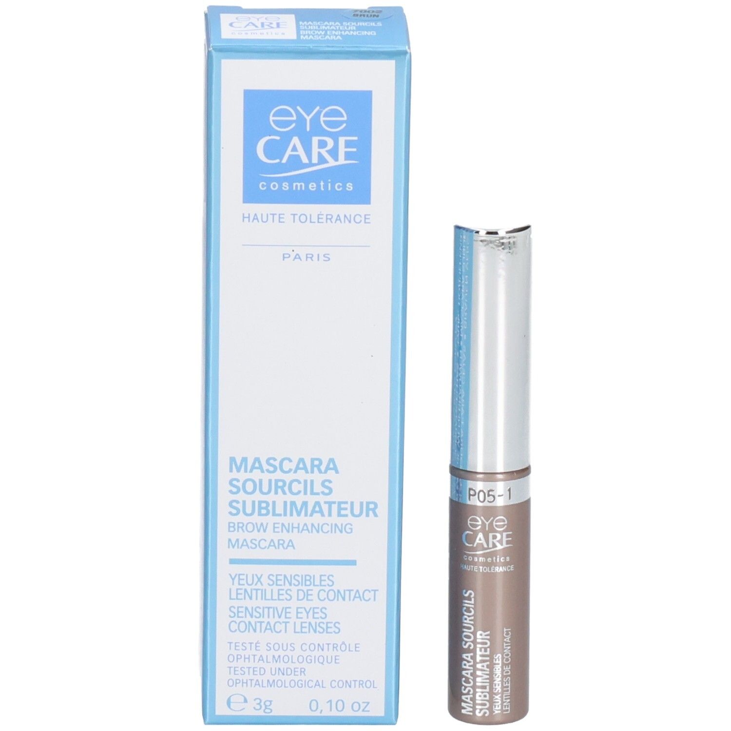 Mascara sourcils et emballage. Tube et boîte. Marque et informations produit.