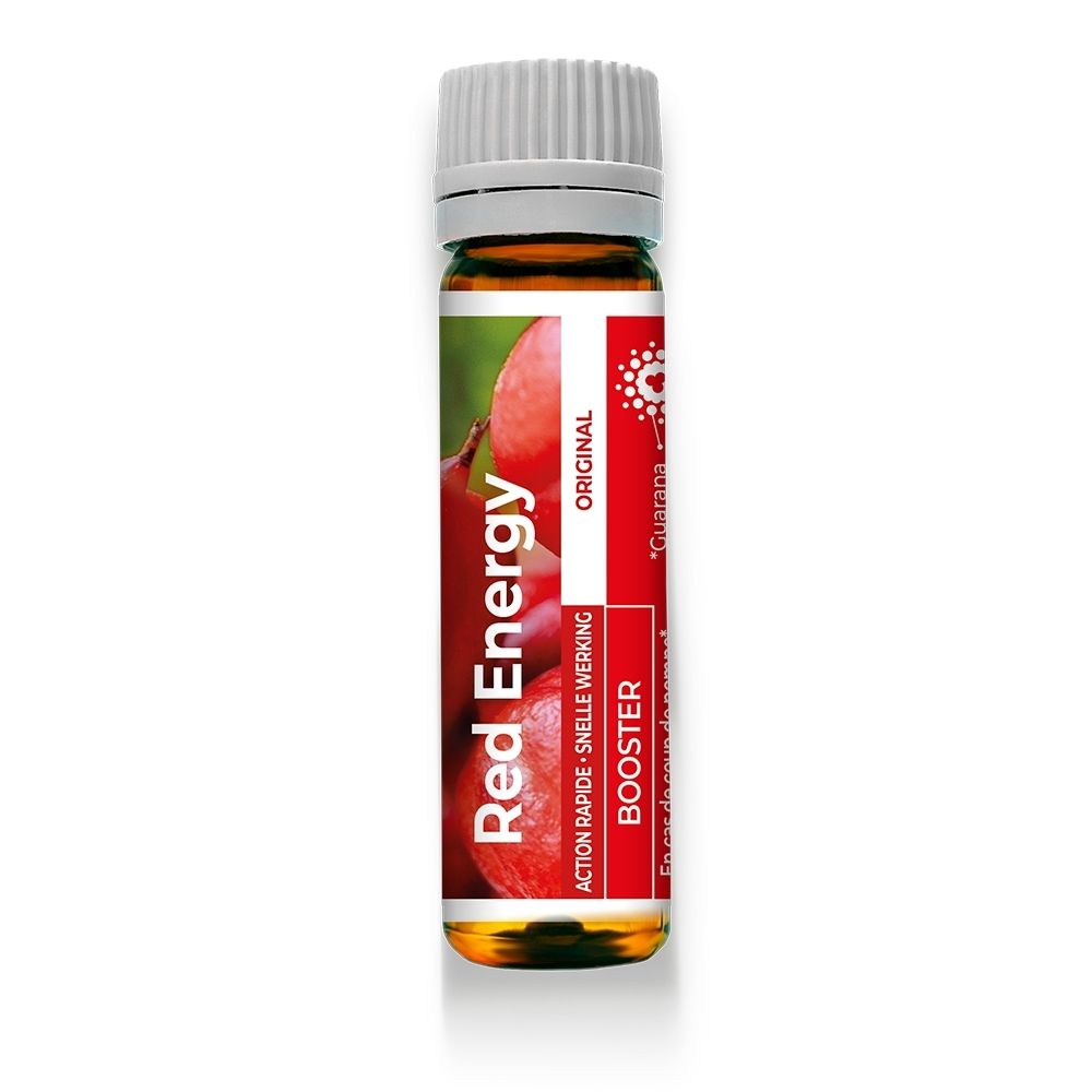 Flacon en verre brun, 15ml. Étiquette "RED ENERGY", "BOOSTER", image de guarana et "ACTION RAPIDE - SNELE WERKING".