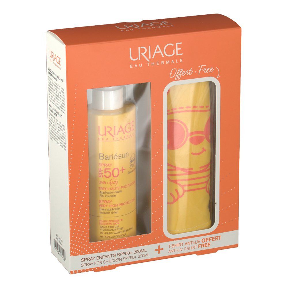 Coffret Uriage Bariésun Spray Enfants SPF50+ avec T-shirt. Emballage orange avec fenêtre transparente.