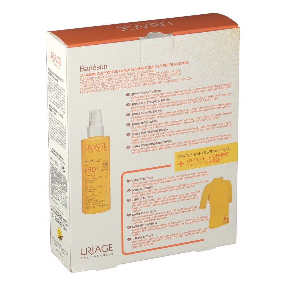 Dos du coffret. Informations produit, ingrédients et un t-shirt jaune sont visibles.