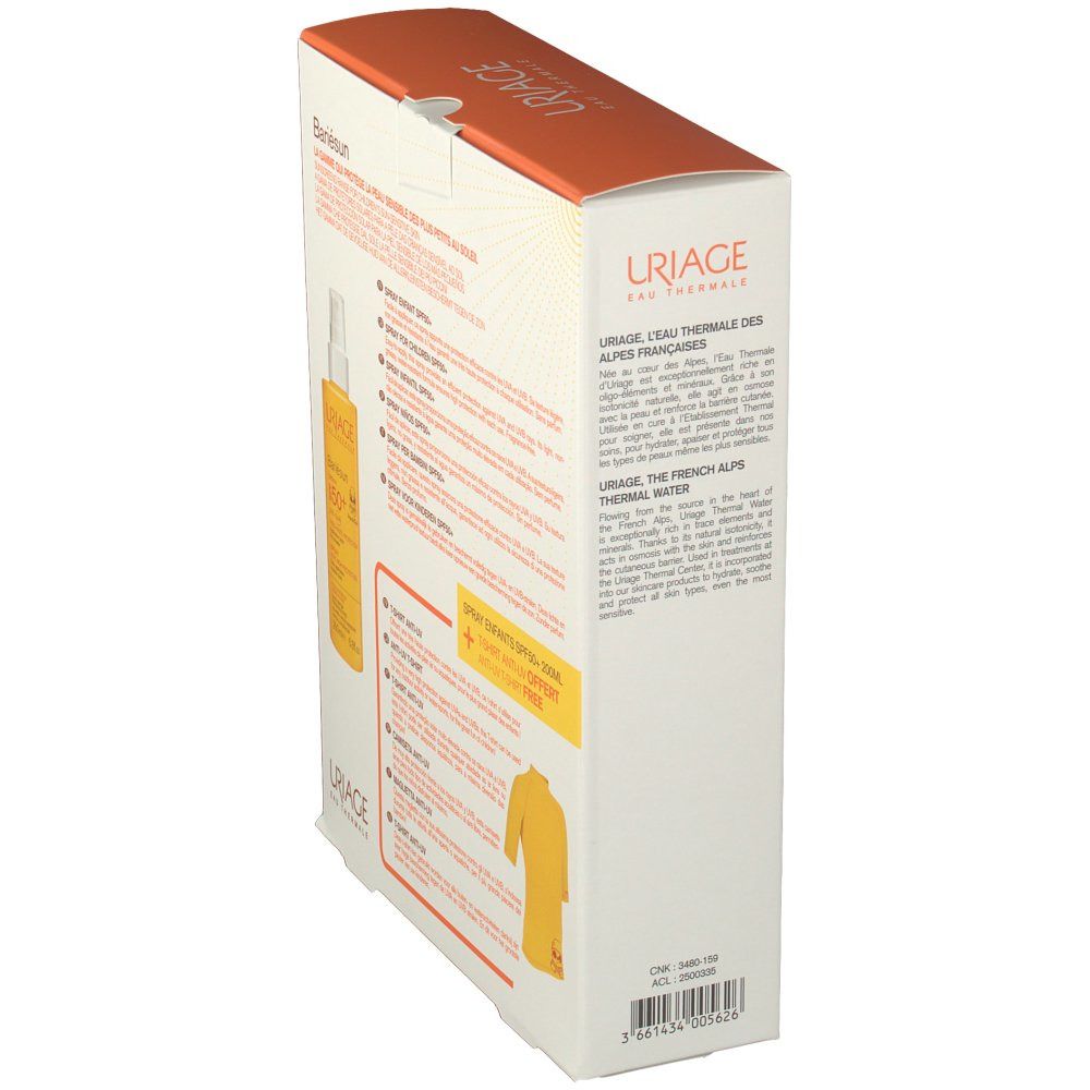 Vue latérale du coffret avec informations produit et un t-shirt jaune. Logo Uriage visible.