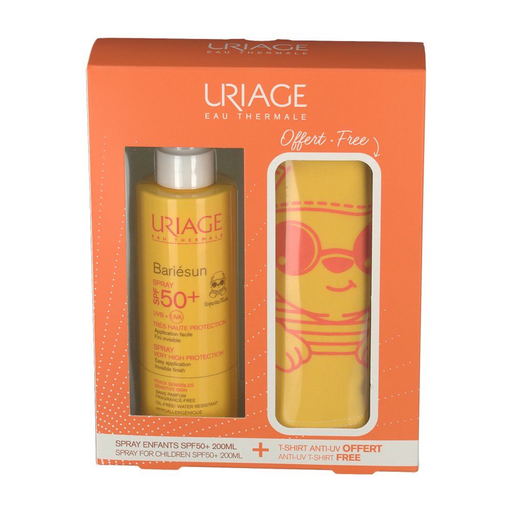 Coffret Uriage Bariésun Spray Enfants SPF50+ avec T-shirt. Emballage orange avec fenêtre transparente.