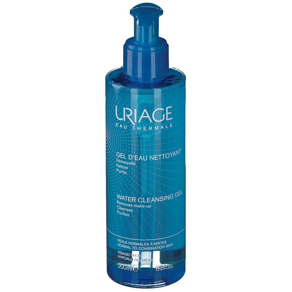Flacon bleu transparent avec pompe doseuse. Inscription: Uriage, Gel d'eau nettoyant, Water Cleansing Gel.