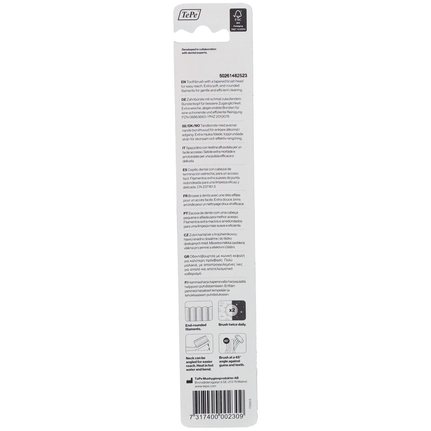 Dos de l'emballage blister. Texte multilingue. Logo FSC. Illustrations pour l'élimination et la suspension.